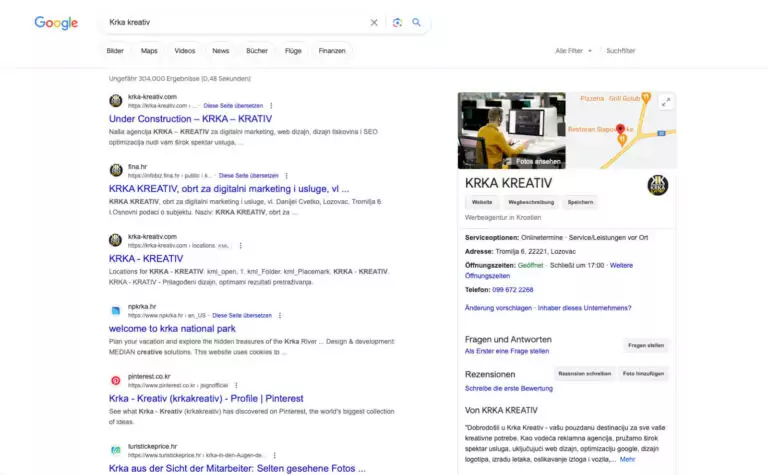 SEO optimizacija i Rezultati pretrag za KRKA - KREATIV na Googleu